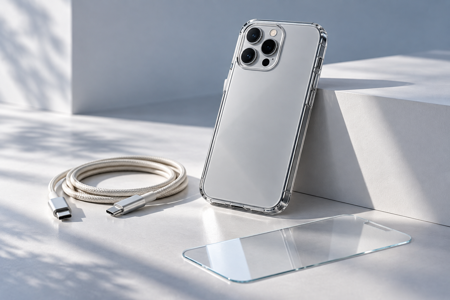 Smartphone in einer transparenten Hülle mit Ladekabel und Displayschutz